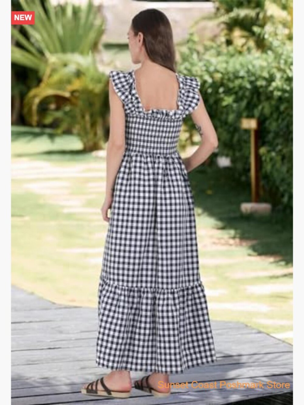 Retro Plaid Smocked Dress Spaghetti Strap Flounce Long Dress - Picture 5 of 7